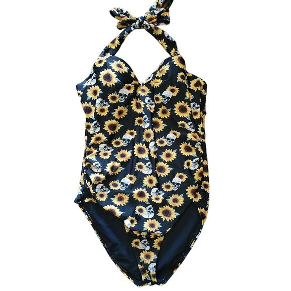 Hot Topic One Piece Bathing Suit Size L Sunflowers Skulls Halter Black Yellow - Picture 1 of 4